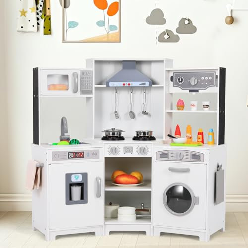 Eck Spielküche mit Licht und Sound, Kinderküche Holz, Puppenküche Holz für Kinder, 102x30x92 cm Kinderküchen, Kleinkinderküche mit Küchenzubehör, Weiße, Spielzeug für Kinder ab 3 Jahren