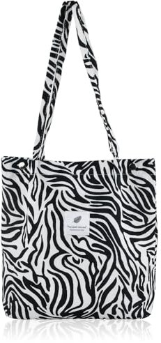 Wisebom Cord Tasche Umhängetasche Damen, Zebra Tragetasche Mode Leopard Shopper Bag, Große Kapazität Cord Handtasche Schultertasche für den Alltag Einkaufen Schule Reisen (Zebra)