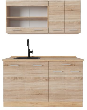 Vicco Küchenzeile R-Line, Küchenzeile Single, Sonoma/Goldkraft Eiche, 140 cm, AP Eiche