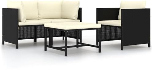 CINDERFUL 4-TLG. Garten-Sofagarnitur mit Auflagen Schwarz Poly Rattan,Komfortables PERattan LoungeSet für entspannte Stunden im Garten Gartensitzmöbel