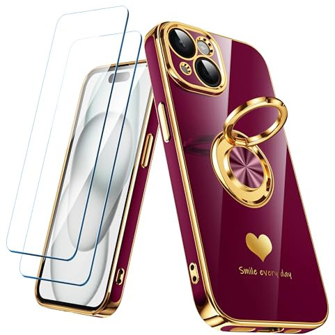 Nonional Compatible for iPhone 15 Case with 2 Pack Screen Protector, 360° Rotatable Ring Holder [Luxury Hearts Pattern] Plating Gold Edge Slim Soft Phone Cover Case for iPhone 15 - Wine Red