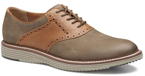 Johnston & Murphy Men's Upton Saddle Lace-Up Oxford Shoe, Taupe Nubuck/Tan Full Grain Leather, 11 M