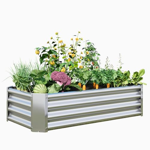 VERFARM Metal Galvanized Raised Garden Bed Kit, 4 x 2 x 1 ft Galvanized Steel Raised Garden Planter Box Outdoor with Open Base for Growing Vegetables/Flowers/Herbs/Fruits/Succulents, Silver