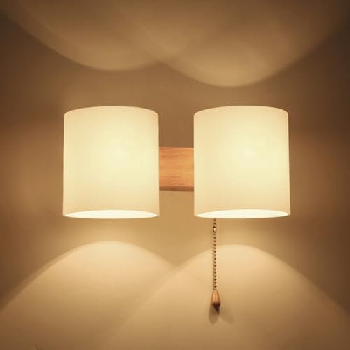 LIGKIN Lámpara de pared interior de cristal lámpara de pared madera vintage E27 focos de pared con interruptor para sala de estar dormitorio cocina