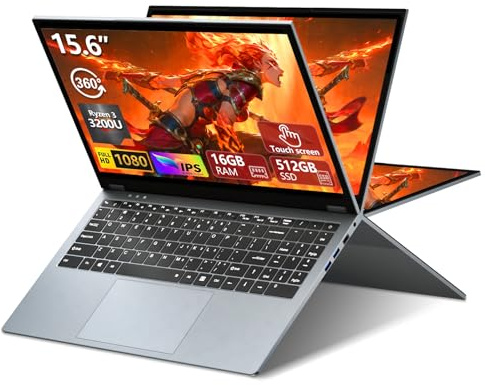 Computer portatile 2 in 1, laptop convertibile da 15,6 pollici, DDR4 da 16 GB da 512 GB, SSD touchscreen, con AMD Ryzen R3 3200U, AMD Radeon, FHD 1080P, touch screen girevole a 360°, tastiera
