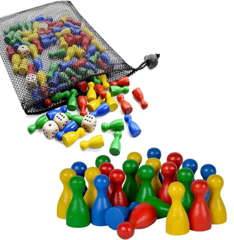 PcvGef Spielfiguren 109 Bunte Halmakegel Spielfiguren Holz 25 x12mm und 6 Würfel aus Holz mit Säckchen zur Aufbewahrung, Spielfiguren für brettspiele,Rot, Gelb, Blau, Grün