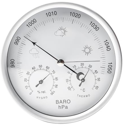 Wetterstation Analog, 3in1 Barometer, Hygrometer & Thermometer für Innen und Außen, Ø 20,5cm Wand Befestigter Haushalts Barometer Edelstahlrahmen für Luftüberwachung Klimakontrolle(Silber)