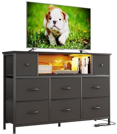 Flrrtenv Chest of Drawers, 8 Fabric Drawers Cabinet, 120CM TV Stand with Power Outlets and LED Lights for 55'' TV, for Bedroom Living Room & Entryway, Home Office, Console Table, Black