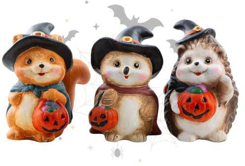 Logbuch-Verlag Deko-Figuren Tiere mit Kürbis 3er-Set aus Ton 10 cm – Herbst- und Halloween-Deko für Zuhause, Kinderzimmer oder Fensterbank