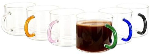 binsakao Glass Coffee Mugs with Handle - 320 ML High Borosilicate Glass Coffee Cups - Transparent Tea Cup for Hot Cold Beverages, Glassware Set for Americano, Latte, Cappuccino (Pastel Handle)