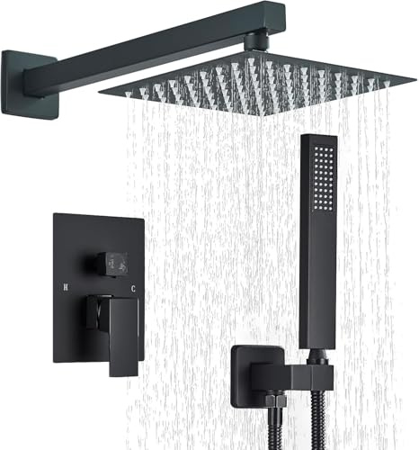 Duschsystem – Unterputz Duscharmaturen Komplettset mit 20x20cm Regendusche (mit Armatur) & Handbrause, inkl. Duschstange – Schwarz