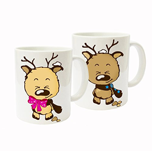 Geschenkset Tassen mit Rentieren Elchen Zoe und Karl Becher Keramik Kaffeebecher ts111