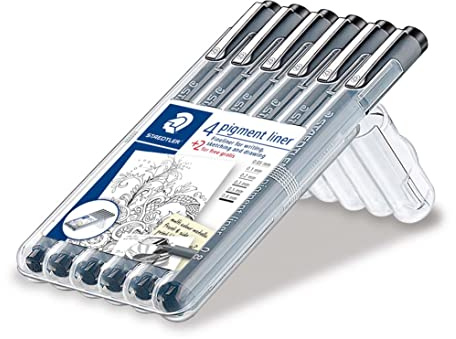 Staedtler 308 SB6P Pigment Liner Fineliner 4 Stück und 2 Stück Geschenk Box