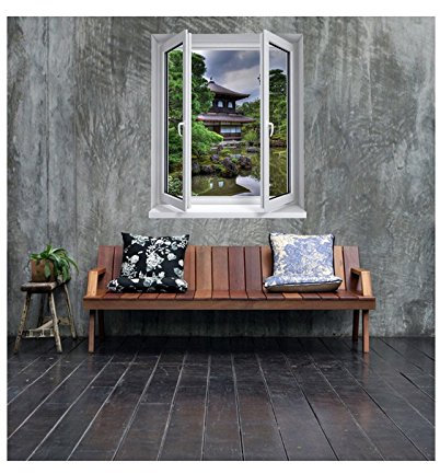 Stickers trompe l'oeil fenêtre Jardin zen - L 100cm x H 120cm