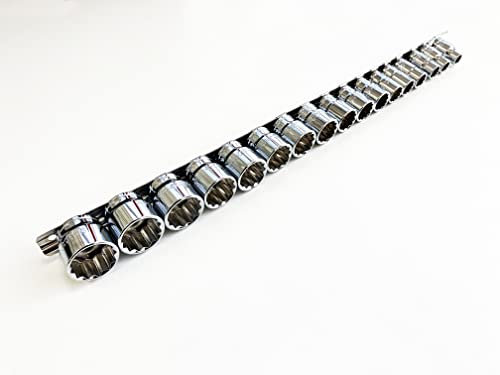17 Pc 3/8 12 Sided Shallow CRV Sockets on Rail