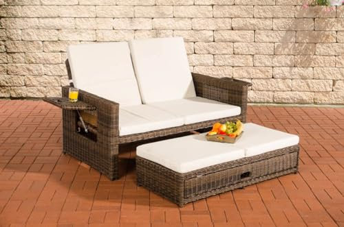 CLP Polyrattan 2er-Loungesofa Ancona 5mm I Rundrattan Garten-Sofa Mit Ausziehbarem Fußteil Und Verstellbarer Rückenlehne I, Farbe:braun-meliert, Polsterfarbe:Cremeweiß