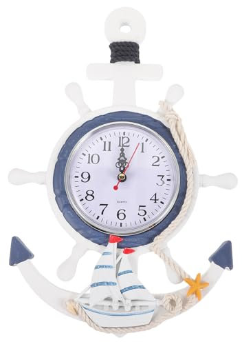 WINOMO Beach Themed Decor: Anchor Clock Mediterranean Style Beach Sea Theme Nautical Ship Wheel Rudder Steering Wheel Decor Wall Hanging Decoration