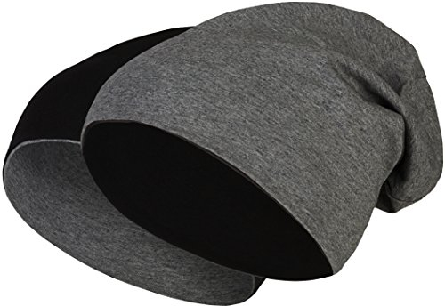 2 in 1 Wendemütze - Reversible Slouch Long Beanie Jersey Baumwolle elastisch Unisex Herren Damen Mütze Heather in 24 (8) (Black/Dark Grey)