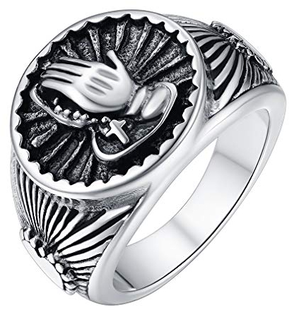 FaithHeart Edelstahl Herren Ring, Glänzend Poliert Betende Hände Siegelring Retro Bandring mit Geschenkebox
