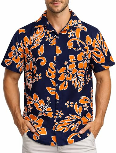 King Kameha Hawaiihemd Herren Kurzarm - Grünes Hawaii Hemd Männer Hibiskus - Hemd Herren Kurzarm Hawaii Outfit - Hawaiian Shirts for Men - Hibiskus, Navy Orange, 3XL