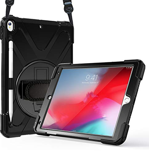 ProCase iPad Air 3 10.5 2019 /iPad Pro 10.5 2017 Hülle Case Handschlaufe,Robust Heavy Duty Stoßfest Hybrid Full Body Schutzhülle Cover, 360°Drehständer und verstellbar Riemen Schultergurt –Schwarz