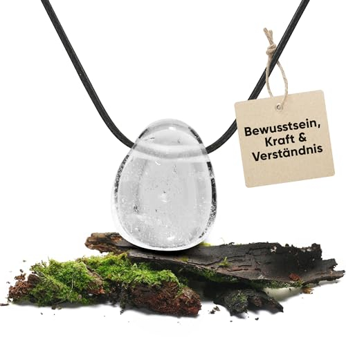 PURAJA Edelstein Anhänger aus echtem Naturstein: Bergkristall | Kristall Kette mit Tropfen Anhänger inkl. edlem Kordband | Premium Heilstein/Glücksstein aus hochwertigen Mineralien