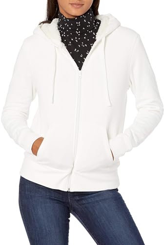 Amazon Essentials Giacca con Cappuccio a Cerniera Intera in Pile Foderata in Sherpa (Taglie Forti Disponibili) Donna, Bianco Sporco, M