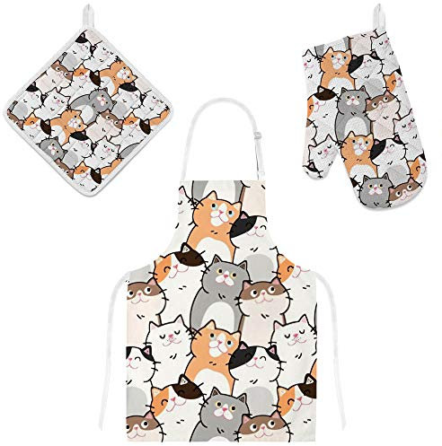 HAOXIANG Grembiule da cucina 3 pezzi Set di presine guanti da forno carino gatti cartoni animati
