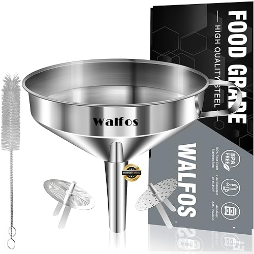 Edelstahl-Trichter, Walfos Küchentrichter mit 2 abnehmbaren Sieb und 1 Reinigungsbürste, perfekt zum Umfüllen von Flüssigkeiten, Ölen, Marmelade, trockenen Zutaten Pulver (10,4 cm)