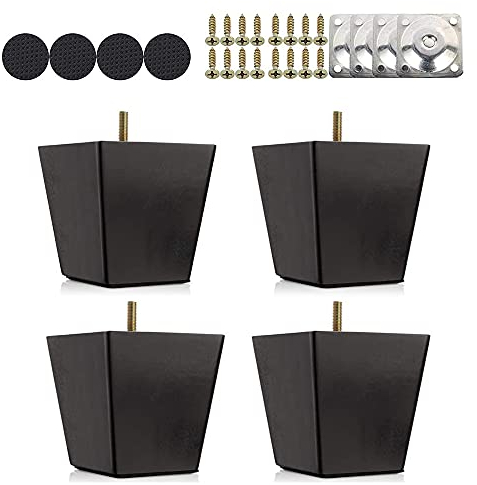 Ruolin 4Pcs Pieds de Meuble Bois Droit Noir, Lot de Pieds Table Basse Bois, avec Vis M8 Tapis Antidérapant et Plaque de Montage pour Canapé Lit Table Fauteuil Table de Nuit Armoire