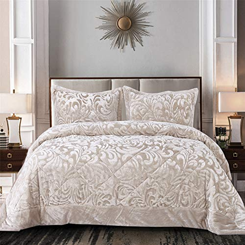 PRIME LINENS Luxury Quilted Bedspread 3 Piece Velvet Bedding Double Bed for Bedroom Decor - Super Soft Quilted Bedspreads Embossed Pattern Sofa Bed Throws with 2 Pillow Case -Beige
