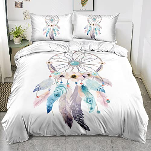 Gezu Bettwäsche 155x220cm Traumfänger Federn Motiv Boho Style Wende Bettwäsche Set 3D Effekt Druck Microfaser Bettbezug und 2 Kissenbezüge 80x80cm mit Reißverschluss