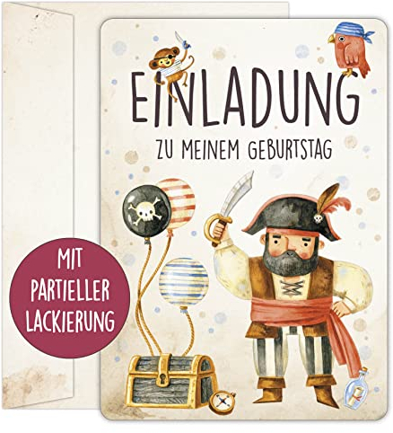 CALLUNA® 12 x Piraten Einladung – mit Glitzerlack und Versandhüllen – Einladung zur Piraten Party – Geburtstagseinladung für Jungs – Seeräuber-Partyeinladungen – Piraten-Abenteuer