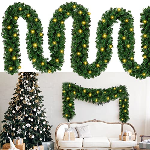 Jiubiaz 5m Tannengirlande Künstliche Weihnachtsgirlande Grün mit Beleuchtung 100 LEDs Warmweiß Lichterketten Weihnachtsdeko Weihnachtskranz für Haus Treppen Kamin Innen Außen