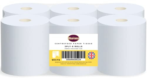 Gharana Swaad ka Khazaana 2-Ply CentreFeed Laminated Embossed Paper Tissue ( 6 Rolls) | Strong, Absorbent & Versatile Towels Perfect for Every Task Commercial Kitchen Use Made in UK (6 (White)