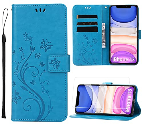 ANSHOW for iPhone 13 Case Wallet with Wrist Strap, with Screen Protector, Flip Leather Case with Cards Holder Phone Case with Kickstand Cover for iPhone 13, Blue