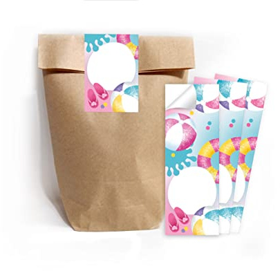 Junapack 12 Geschenktüten (Natur) + 12 Aufkleber Schwimmbad Pool-Party für Mitgebsel Gastgeschenk beim Kindergeburtstag Jungen Mädchen