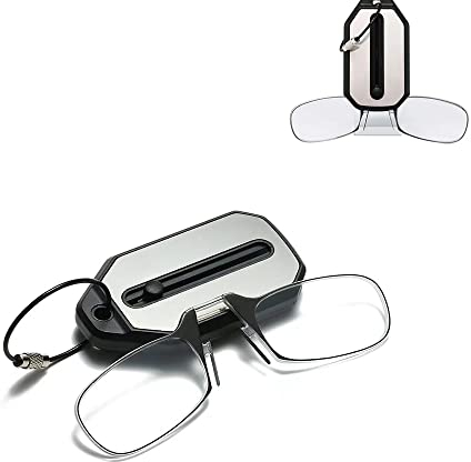 ROJADA Tragbare Mini-Schlüsselbund-Lesebrille ohne Zwicker, kompaktes faltbares Schlüsselbundetui und Leser, rechteckige Lesebrille, Flexible, armlose Komfort-Silikon-Nasen-Kneifbrille (Black,+200)