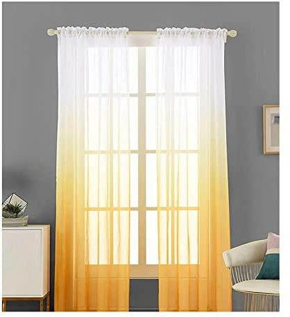 Homxi Voile Gardinen Transparent 2er Set 2 x 107Wx160L cm,Vorhang mit Tüll Gelb Weiß Farbverlauf Gardinen Vorhänge mit Taschen