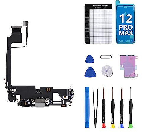 for iPhone 12 Pro Max Charging Port Flex Cable Dock Connector Replacement White USB Charge Headphone Jack Port Assembly Microphone Antanna with Repair Tools Kit Screwdrivers A2342 A2410 A2412 A2411
