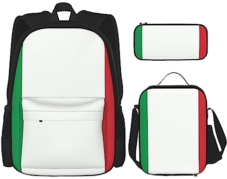Rucksack Italien Flagge 3-teilig Schulranzen mit Brotdose und Federmäppchen Set > Geeignet für Jungen und Mädchen, Schwarz , Einheitsgröße, Kinderrucksack