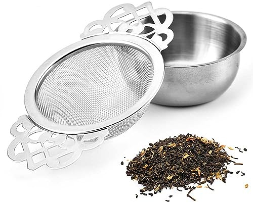Filter Tea Mesh Fine Mesh Tea Strainers with Bowl Stainless Steel Loose Tea Infusers Strainers with Double Winged Handles for Loose Tea Juice Coffee Filter(Silver)