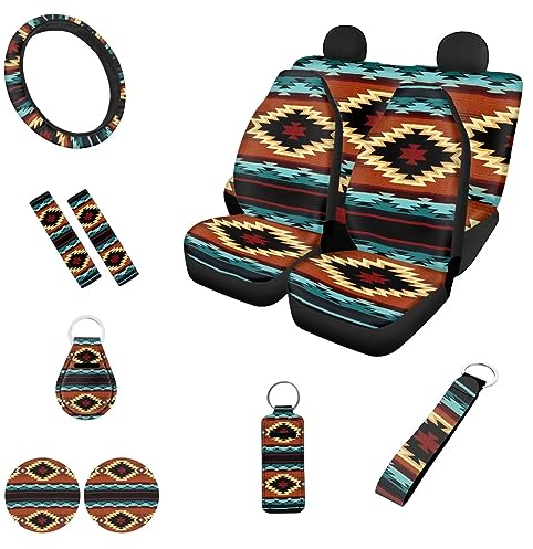 Howilath Aztec 12 Stücke Auto Zubehör für Frauen Boho Ethno Tribal Auto Sitzbezüge Lenkradbezug Sicherheitsgurt Pads Untersetzer Schlüsselanhänger Lippenstift Halter Vintage