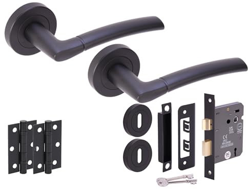Hunta HANDLEZONE® Neemo Door Handles on Rose 3 Lever Lock Pack with Ball Bearing Hinges - Black Matt