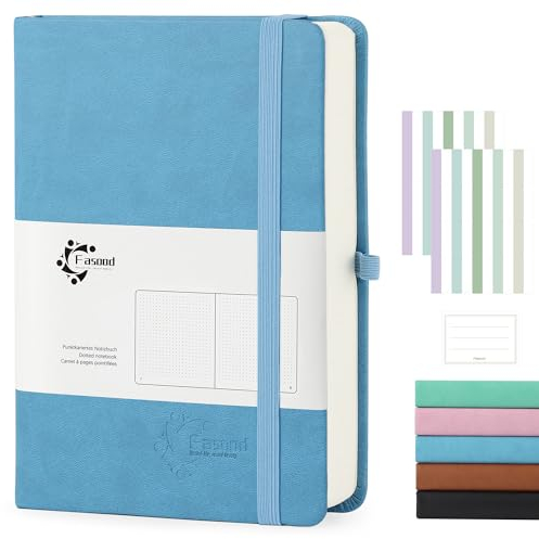 Fasood Notizbuch A5 Dotted,Hardcover Journal Notizbücher,mit 320 Seiten,100g/m² Dickes Papier,PU Hard Cover Notebook,Mehrfarbige Registerkarten, Innentaschen,für Tägliches Arbeitstagebuch