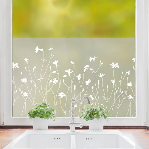 Wandtattoo Loft Sichtschutzfolie Fenster mit Wildblumen Motiv, Fensterfolie Blickdicht, Milchglasfolie Fenster, Florale Fensterdeko Selbstklebende Folie, Fenster Dekoration Gräser, Fenster Klebefolie