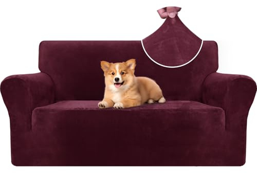 CYCMACO Samt Sofa Überzug 2 Sitzer, Sofabezug Elastische, Couch Überzug Haustier Katze Hunde, Universal Sofa Cover Moderne, Sofahusse Mit Armlehnen, Sofaschoner rutschfest, Weinrot