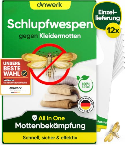 anwerk® Schlupfwespen gegen Kleidermotten - 12 Karten à 1 Lieferungen - Effektiv Kleider Motten bekämpfen - Alternative zur Mottenfalle, Mottenspray, Pheromonfalle