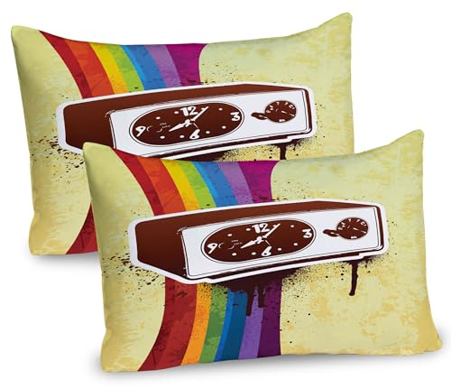 ABAKUHAUS 1970 Kissenbezug Packung mit 2, Vertikal Regenbogen Motiv und Wecker Grunge Bunte Illustration Retro-Muster, Dekorativer Standard Gedruckter Kissenbezug, 80 x 40 cm, Mehrfarbig