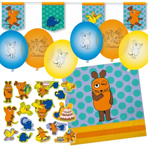 Deko-Set * DIE SENDUNG MIT DER MAUS * für Kindergeburtstag, Mottoparty und Party | 77 Teile mit Servietten + Konfetti + Wimpelkette + Luftballons | Kinder Deko Partydeko, Edition: Sendung mit der Maus